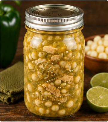 Chicken Green Posole with shredded chicken, white hominy, green chiles and salsa verde