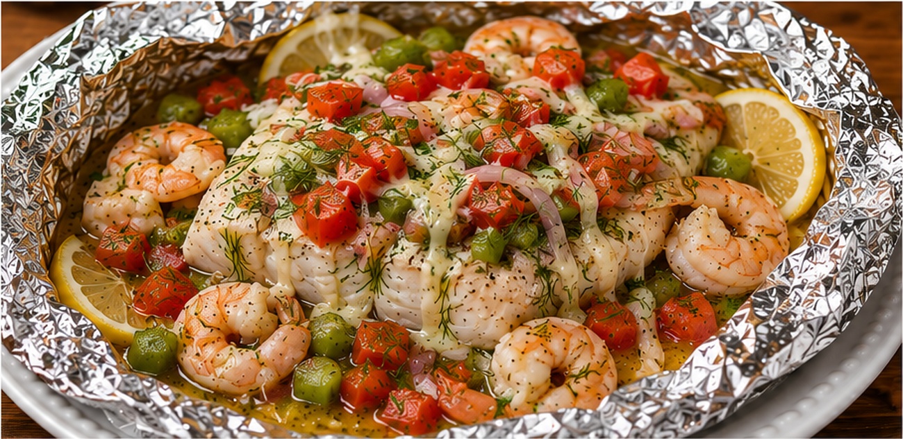 Foil Baked Dill Fish with shrimp, Roma tomatoes, green pepper, shallot, dill and Havarti cheese